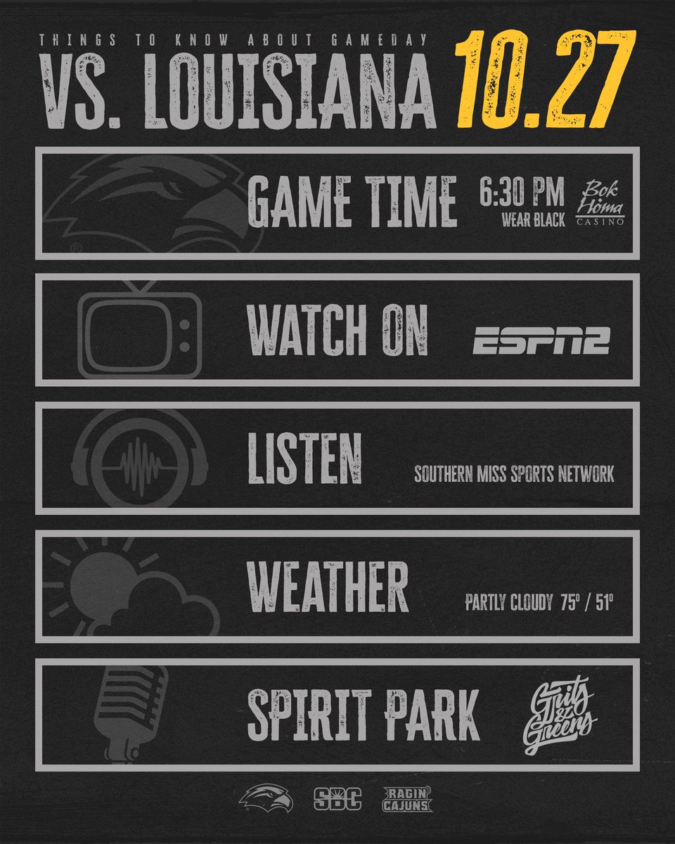 SouthernMissFB's tweet photo. No reason not to be at 𝗧𝗛𝗘 𝗥𝗢𝗖𝗞 on Thursday ‼️

🎟️ https://t.co/wDmD7x9WtT

#AIE | #SMTTT https://t.co/Q8PiCXJVKw