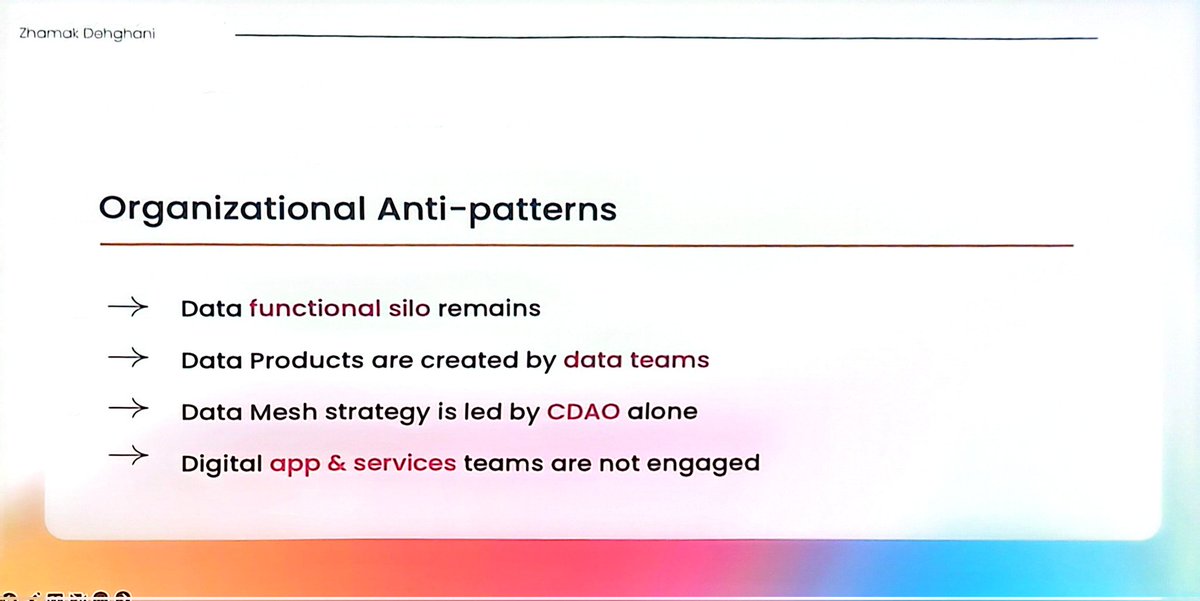 Absolutely fantastic talk by @zhamakd at #qconsf on the vision for data mesh, and on the anti patterns that needs to be addressed in order to approach that vision
