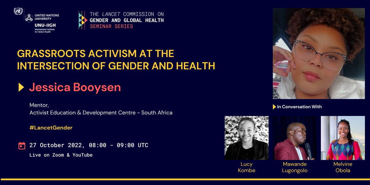 ✨MEET OUR SPEAKERS✨ Jessica is a second-generation feminist, a mentor to young girls, and manages communications for AEDC. Join us this Thursday, and learn more about AEDC here: aedc.org.za 🗓️Thursday Oct. 27th, 8-9AM UTC 📝Register: genderandhealthcommission.org/events/