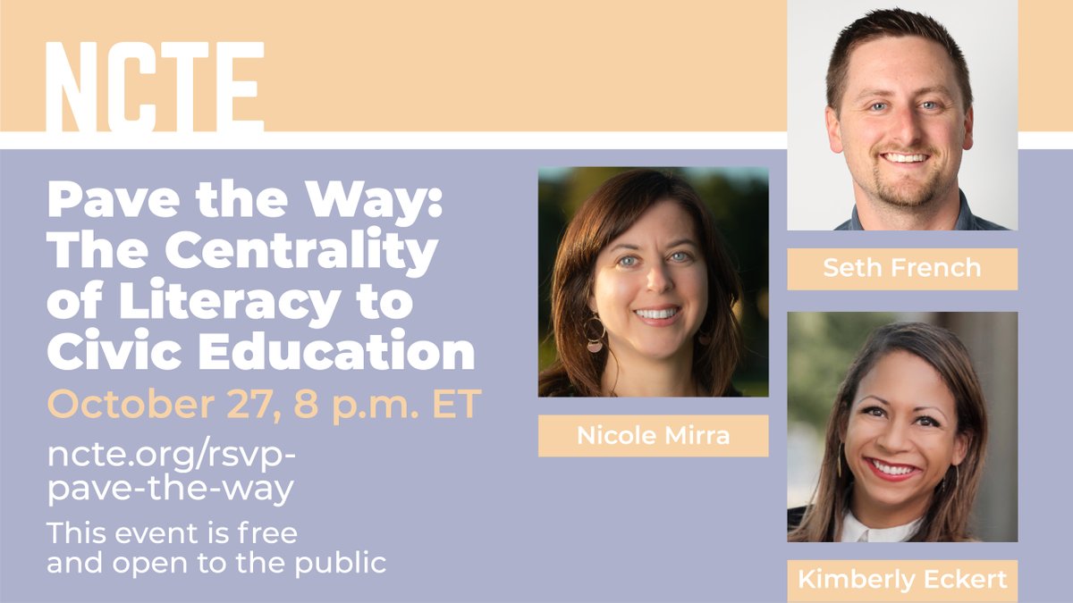 This Thursday, Oct. 27 at 8 p.m. ET, in partnership with @MediaLiteracyEd and supporting #MediaLiteracyWeek, #NCTE members @Nicole_Mirra, @2018LATOY, @gamesethmatch are holding a discussion around civics and ELA education. Free and open to the public: ncte.org/rsvp-pave-the-…