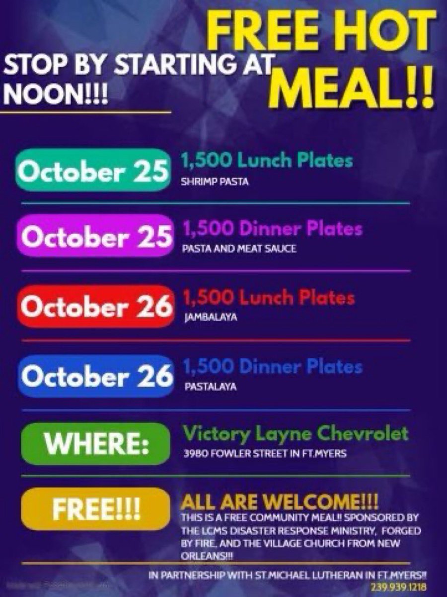 AnnettemTV's tweet photo. FREE HOT MEALS IN FORT MYERS:
TUESDAY OCT. 25 & WEDNESDAY OCT. 26 at 12:00pm.
1,500 hot meals will be served to anyone in need/impacted by Hurricane Ian.
3980 Fowler Street, Fort Myers, FL 33901
📸: @cityftmyers
#hurricaneian #fortmyers #leecounty #hurricaneianupdate #ian https://t.co/MIWSrv0GQt