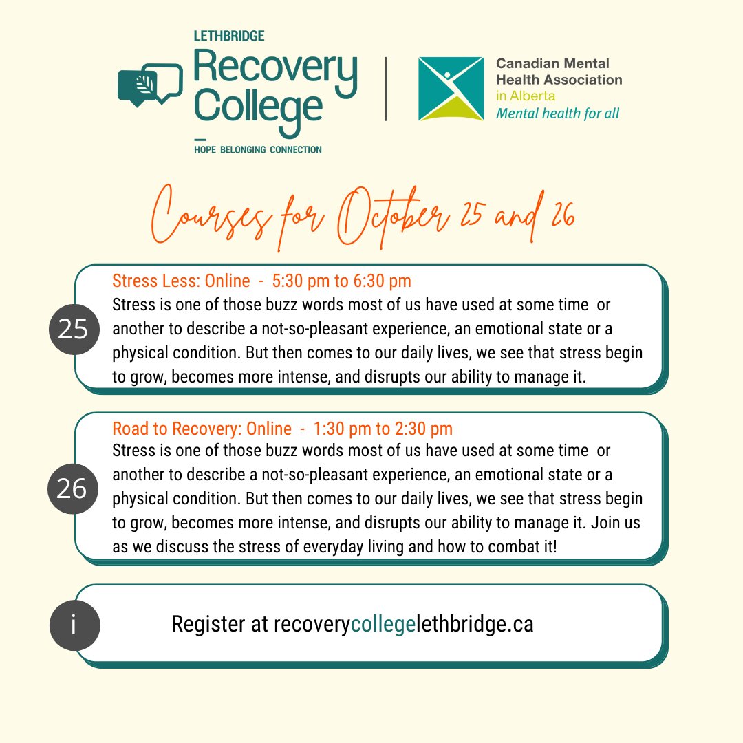 Check out this week's classes from #recoverycollegelethbridge!

#YQL #MentalHealth #CMHALethbridge