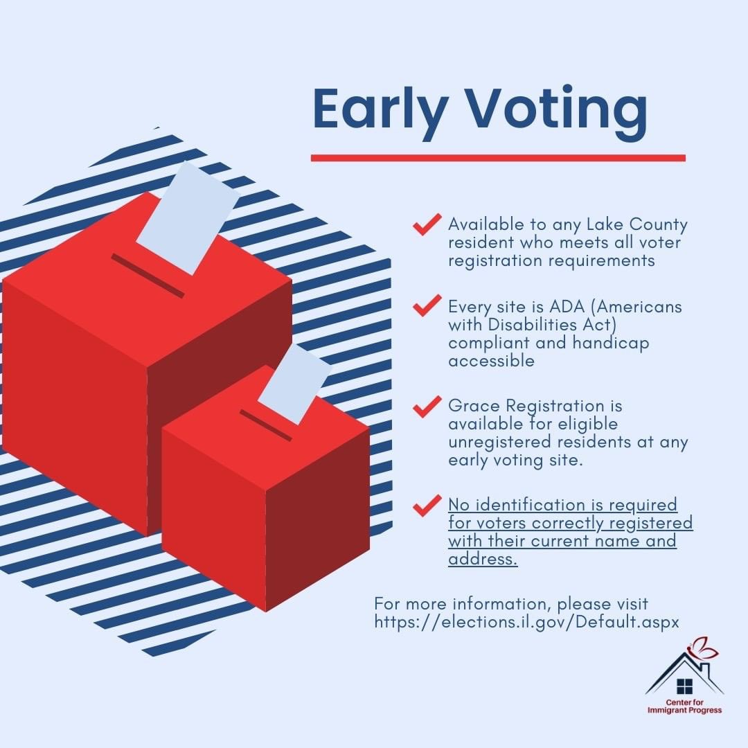 CIPIllinois_'s tweet photo. ⏺️ LAKE COUNTY ⏺️
Early voting locations have opened in Lake County and they are open to all Lake County Residents. 

#cip #centerforimmigrantprogress #vote2022 #midterms2022 #tuvototuvoz https://t.co/7YQo2FOzgf