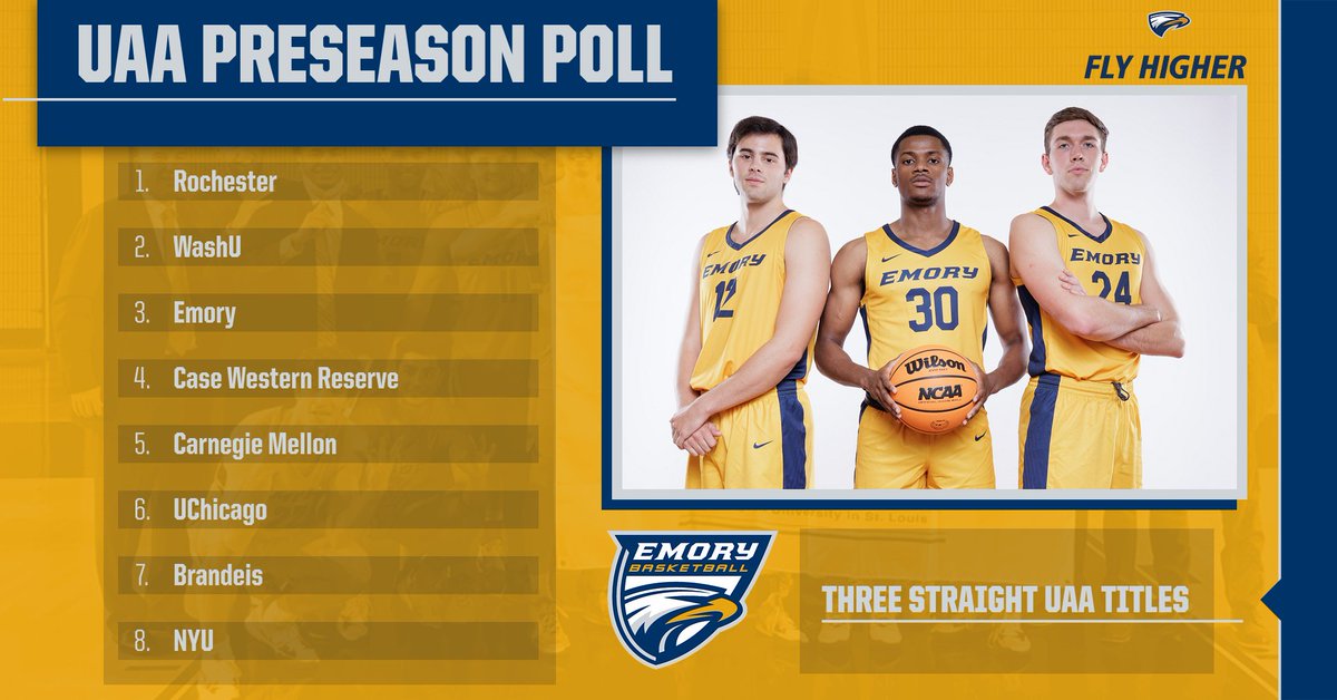 EmoryAthletics's tweet photo. The @NewsUAA preseason poll is out with the reigning champs @EmoryBasketball checking in at No. 3!

The Eagles open the season in two weeks, hosting Piedmont on November 8!

#FlyHigher #d3hoops https://t.co/JsmytuxQww