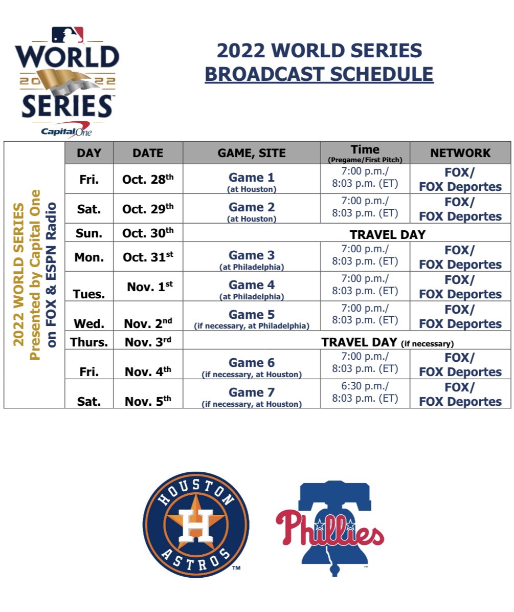 JuliaMorales's tweet photo. All World Series games have a scheduled first pitch time of 7:03p CT/8:03p ET. Starts Friday in Houston. https://t.co/wKOSWggBej