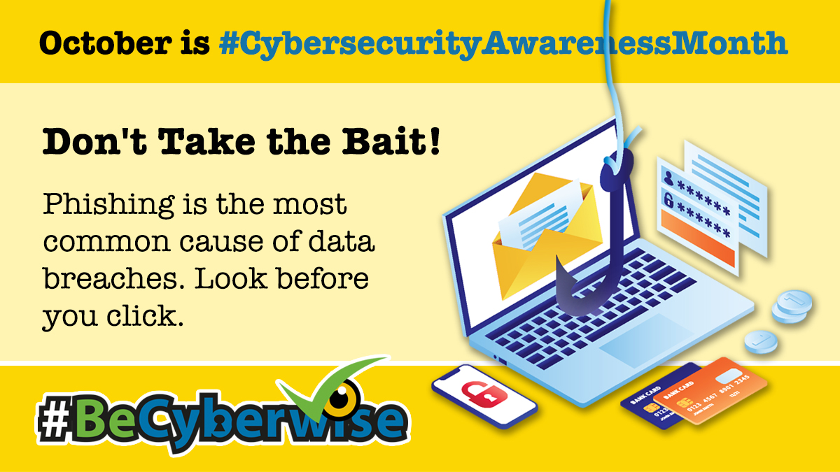 NTCAconnect's tweet image. The final topic for #CybersecurityAwarenessMonth is #Phishing. #BeCyberwise tips: look before you click, delete suspicious emails, and report. And be careful -- cybercriminals have become pretty sophisticated - learn how to recognize phishing at staysafeonline.org/theft-fraud-cy…