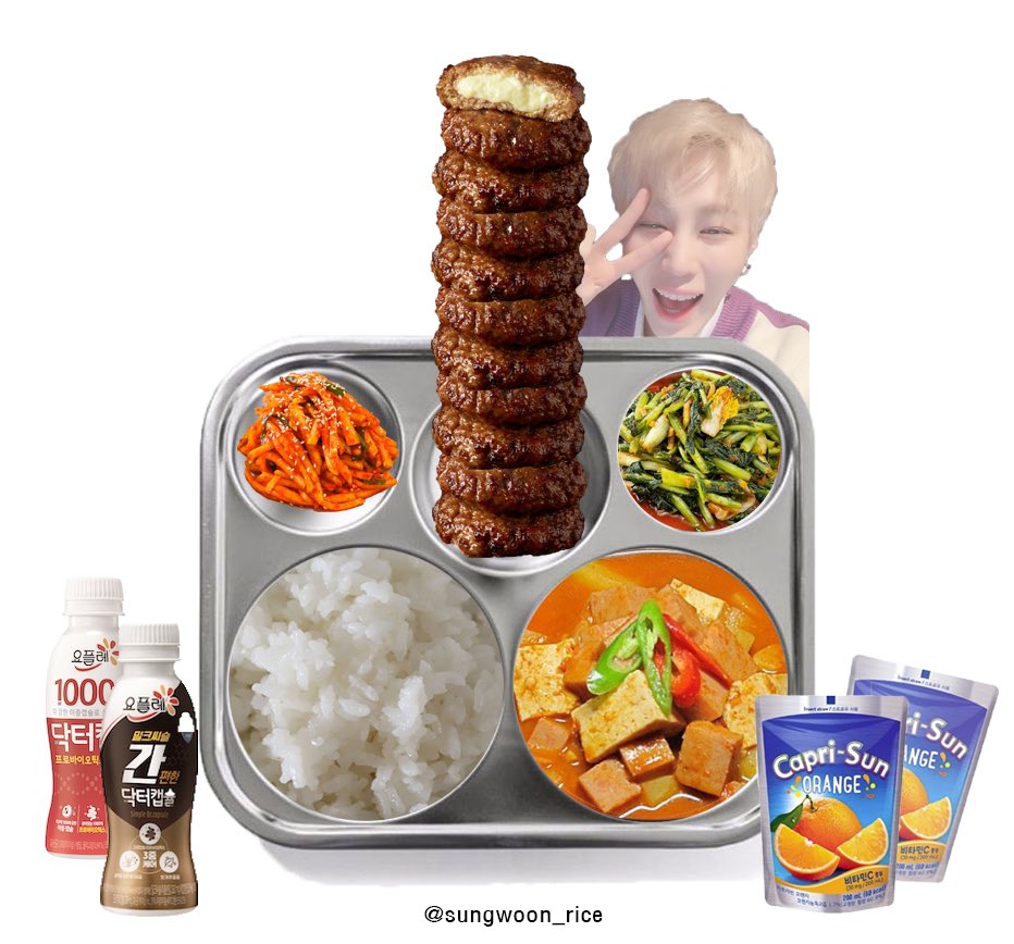 2022.10.25 (화) 조식
훈련소에서 2일차 #하성운

밥
햄감자양파찌개
치즈함박스테이크
무생채
열무김치

* 후식
마시는발효유
카프리썬오렌지

성운아 밥 맛있게 먹어☁️