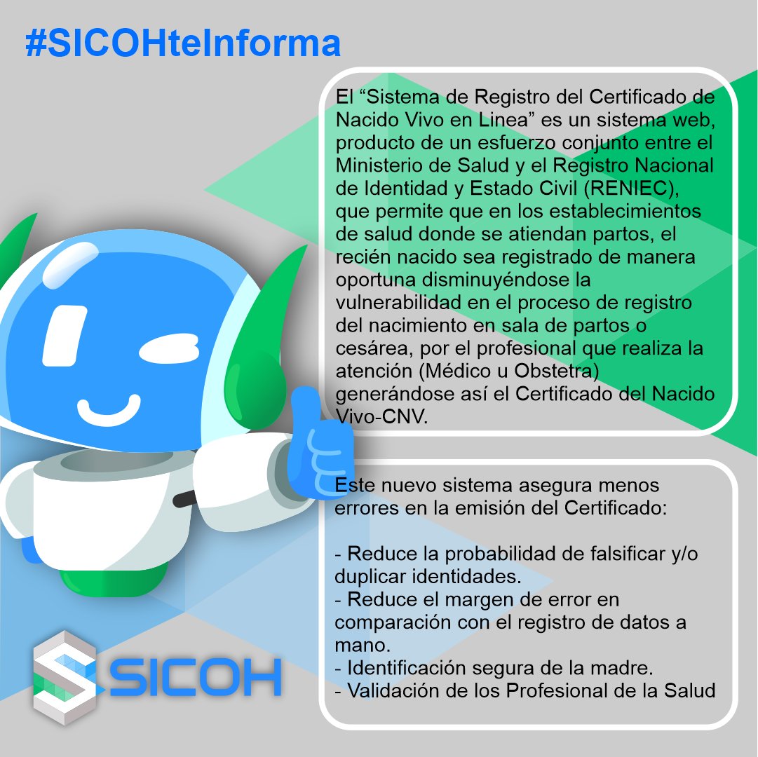 SICOH_SAC's tweet photo. Sistema en Linea del Registro del Certificado de Nacido Vivo - CNV
Para mayor alcance de la noticia te dejamos el link: https://t.co/iC9iKvqx16
#SICOHteInforma https://t.co/xkplMUUMAZ