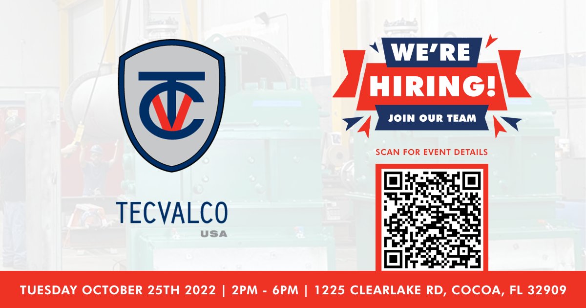 Tecvalco USA will be hiring at this week's Manufacturing Showcase in Cocoa, FL! If you’re interested in joining a diverse, growing team, dedicated to Safety, Honesty, Integrity, and Hard Work we hope to see you at the event!

Scan the QR Code for full details!

#hiring #Florida