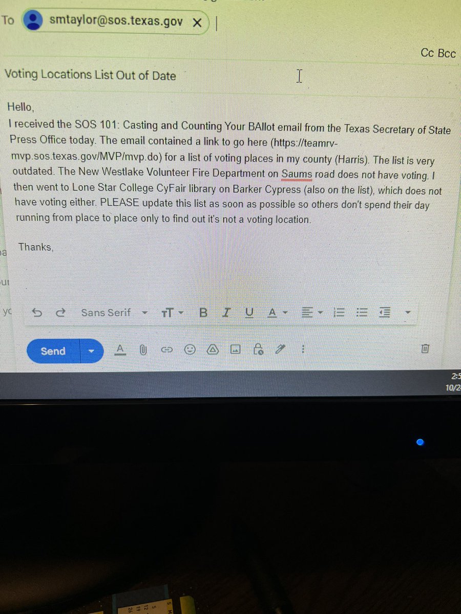 If you’re in Harris County, the voting locations list the Secretary of State emailed today is not correct. This is beyond frustrating.
