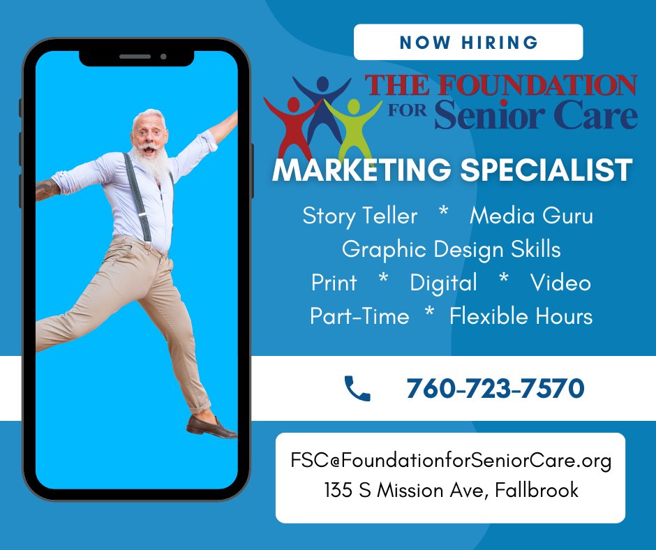 FallbrookSenior's tweet image. Looking for a part-time Marketing Specialist! Be creative, have fun, and be a hero, as you help to make a positive difference to seniors in our community.