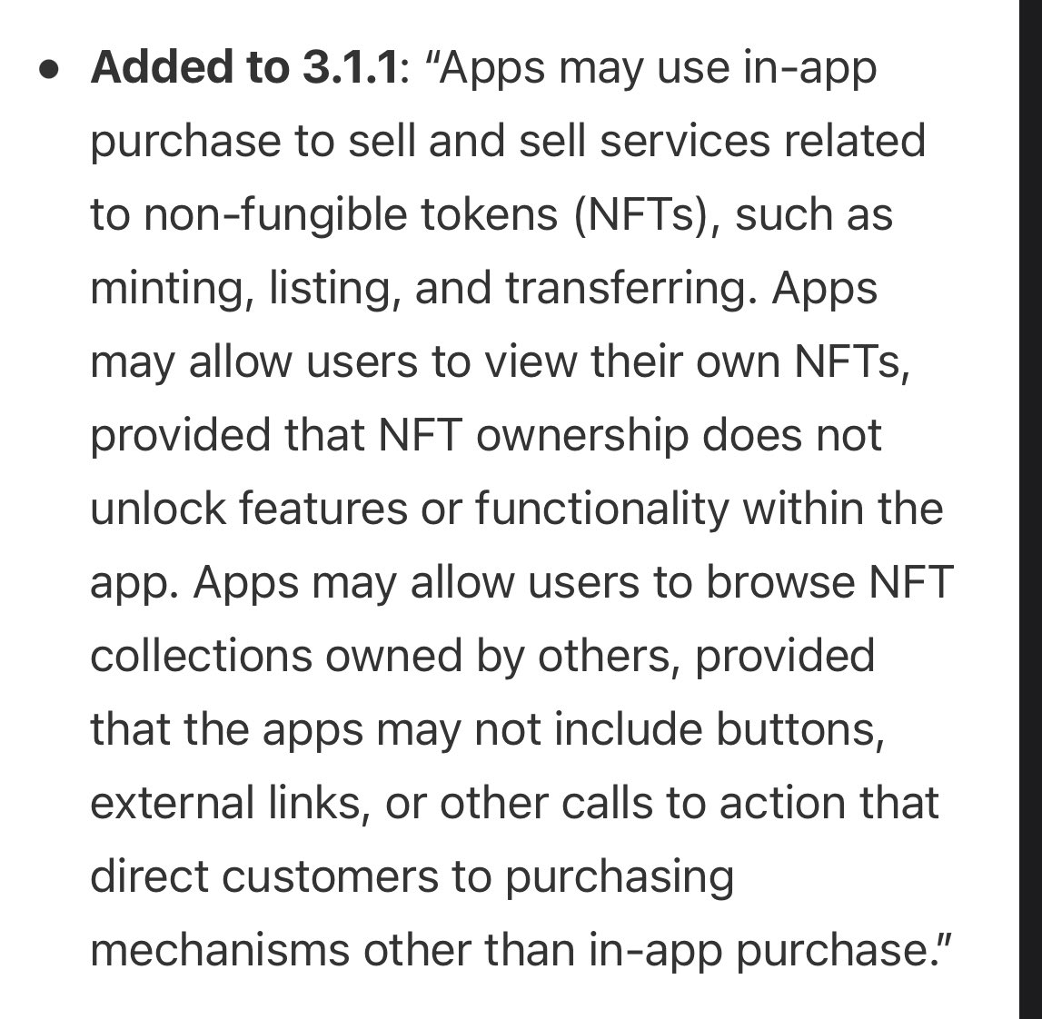 herdjiezhou's tweet photo. App Store Guidelines update related to in-app NFTs.

Most interesting: a bit more guidance on how a marketplace should look like (no external links) and no “ticketing system” with the purchase of an NFT. https://t.co/Fv8IkZDYLo