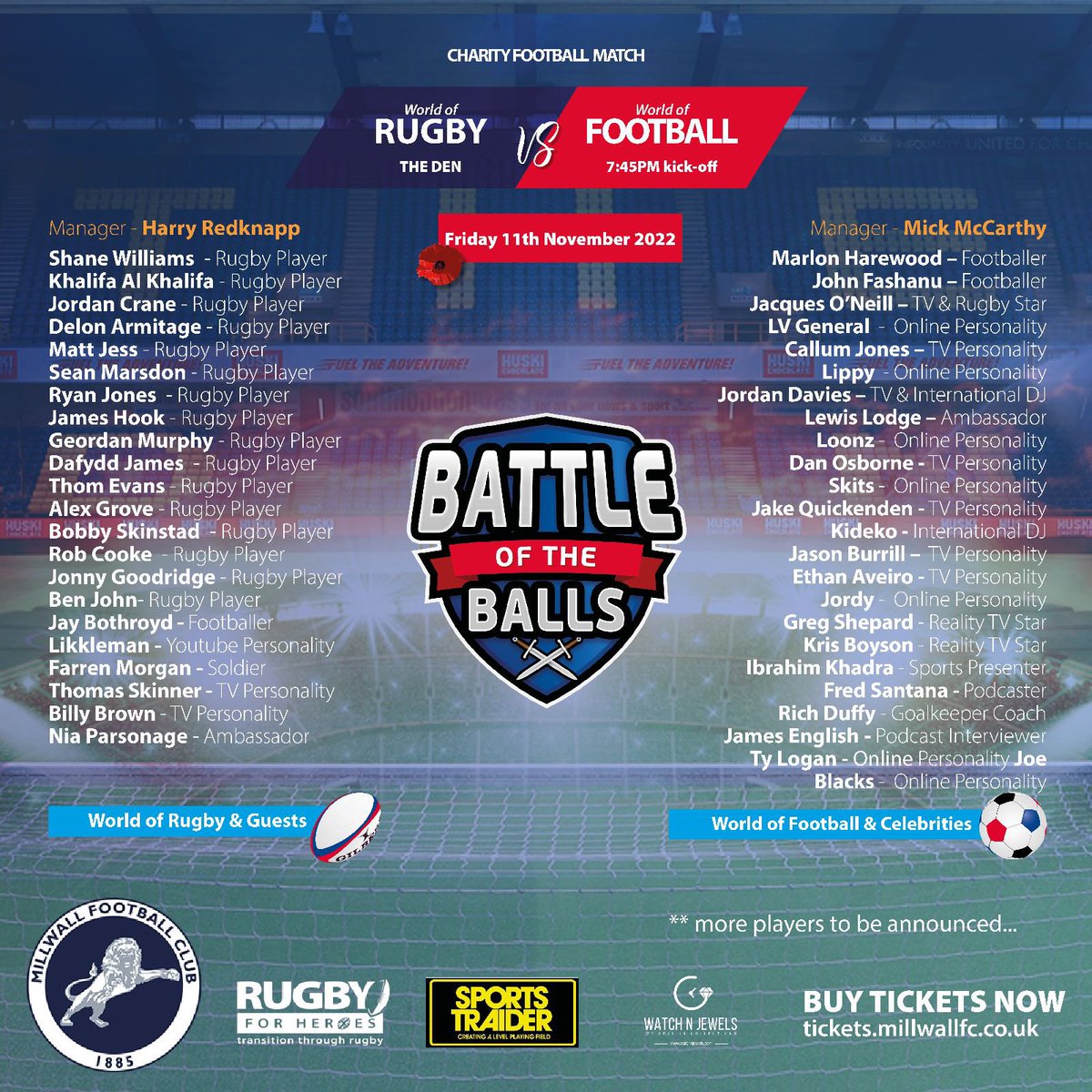 Hope everyone can support this. Should be a lot of fun! @battleotballs on 11th November at @millwallfc supporting our military @Rugbyforheroes please come along if you can.