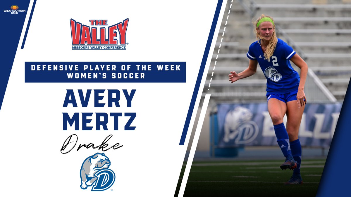 Defensive Player of the Week ⫸ Avery Mertz <a href="/DrakeWSoccer/">Drake Women's Soccer</a>

▪️ Was sensational for Drake at defensive center midfielder last week in two wins.
▪️ Drake shut out both Belmont and Murray State to earn the No. 5 seed in the MVC Tourney..

Great Southern Bank | #TheValleyRunsDeep