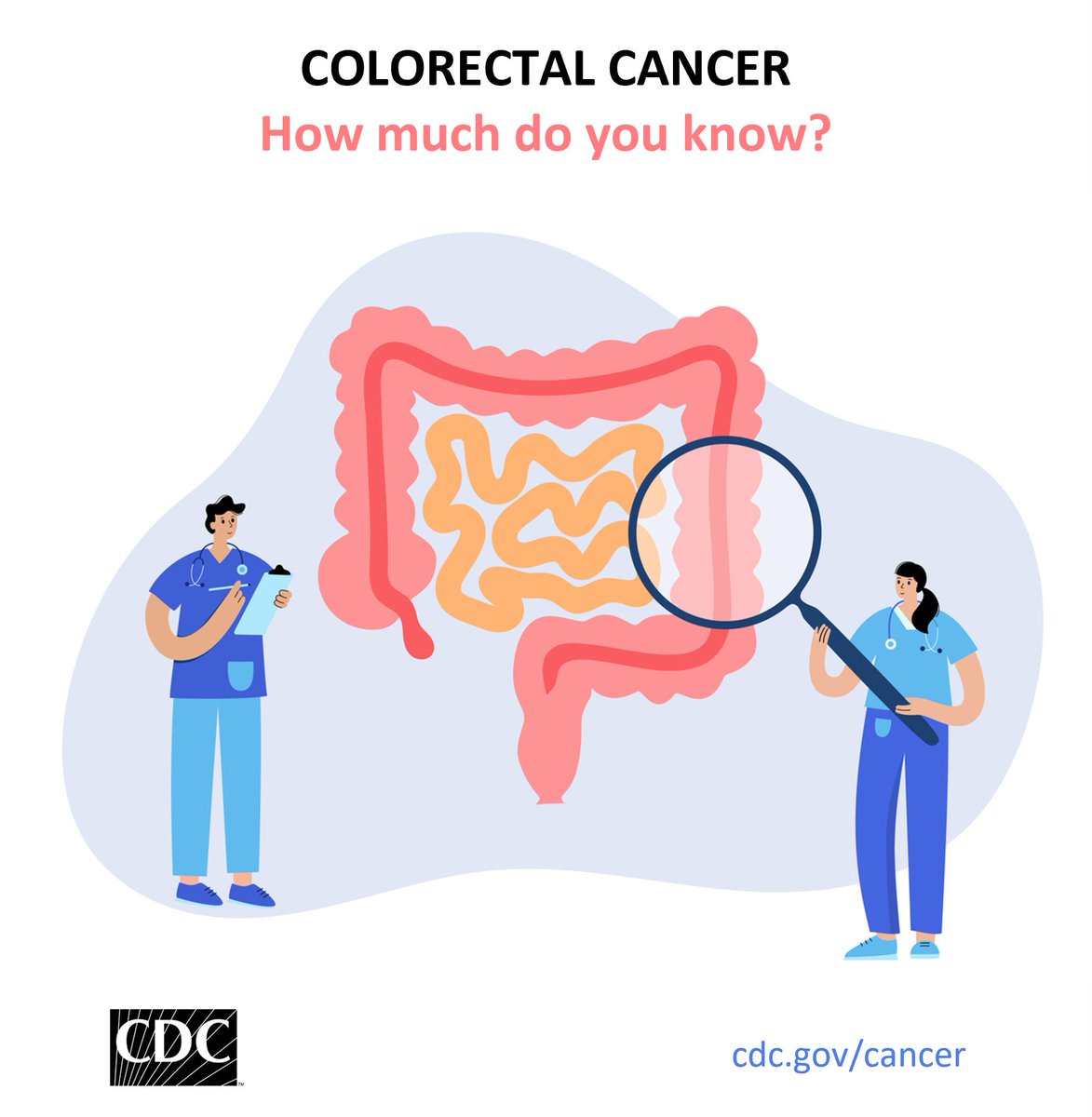 CDC_Cancer's tweet photo. Colorectal cancer is a leading cause of death from #cancer. What do you know about it? Take this quick quiz to check your knowledge. First question: Getting screened for #ColorectalCancer can help prevent the disease. True or false?  https://t.co/JQn22drIwd https://t.co/ILBx1uIPeb