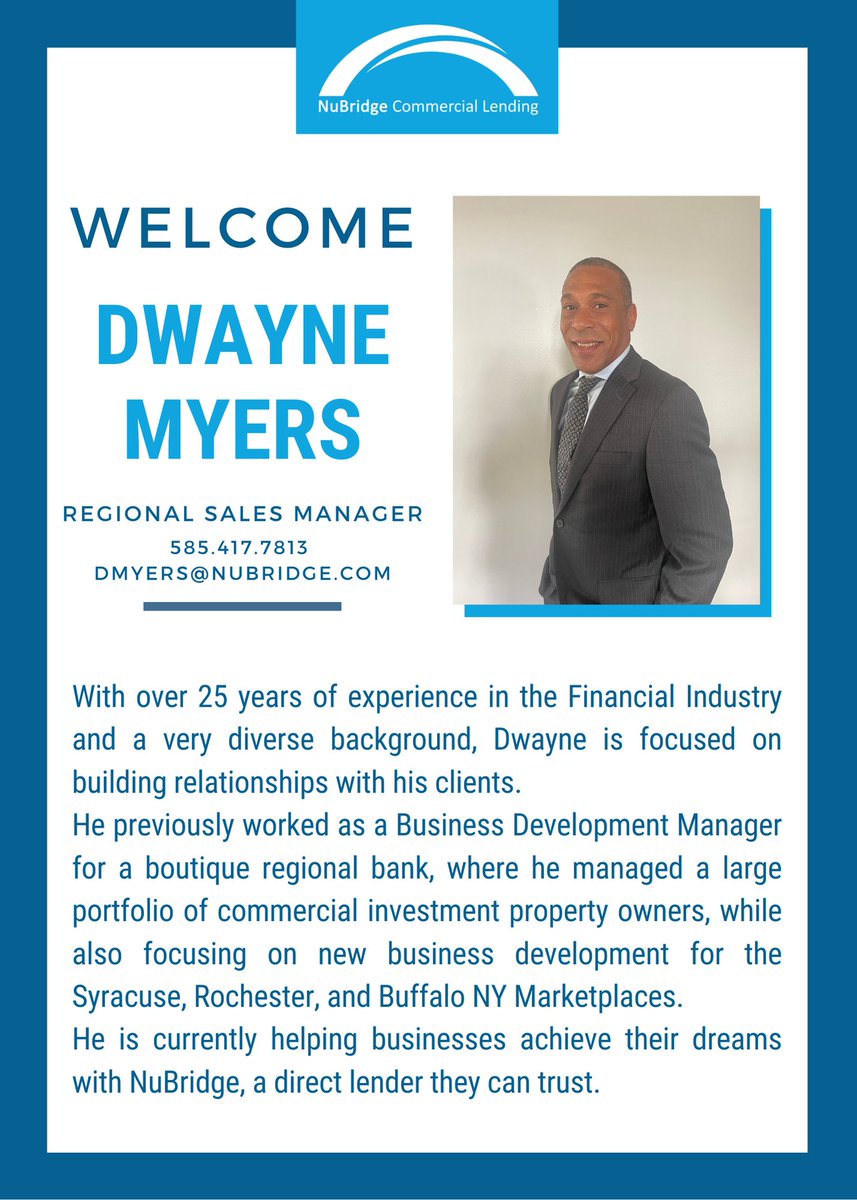 NuBridgeCL's tweet photo. Please help us welcome Dwayne Myers to the NuBridge team!
#directlender #commerciallending #salesmanager #newyork https://t.co/Bd6YYEpaap