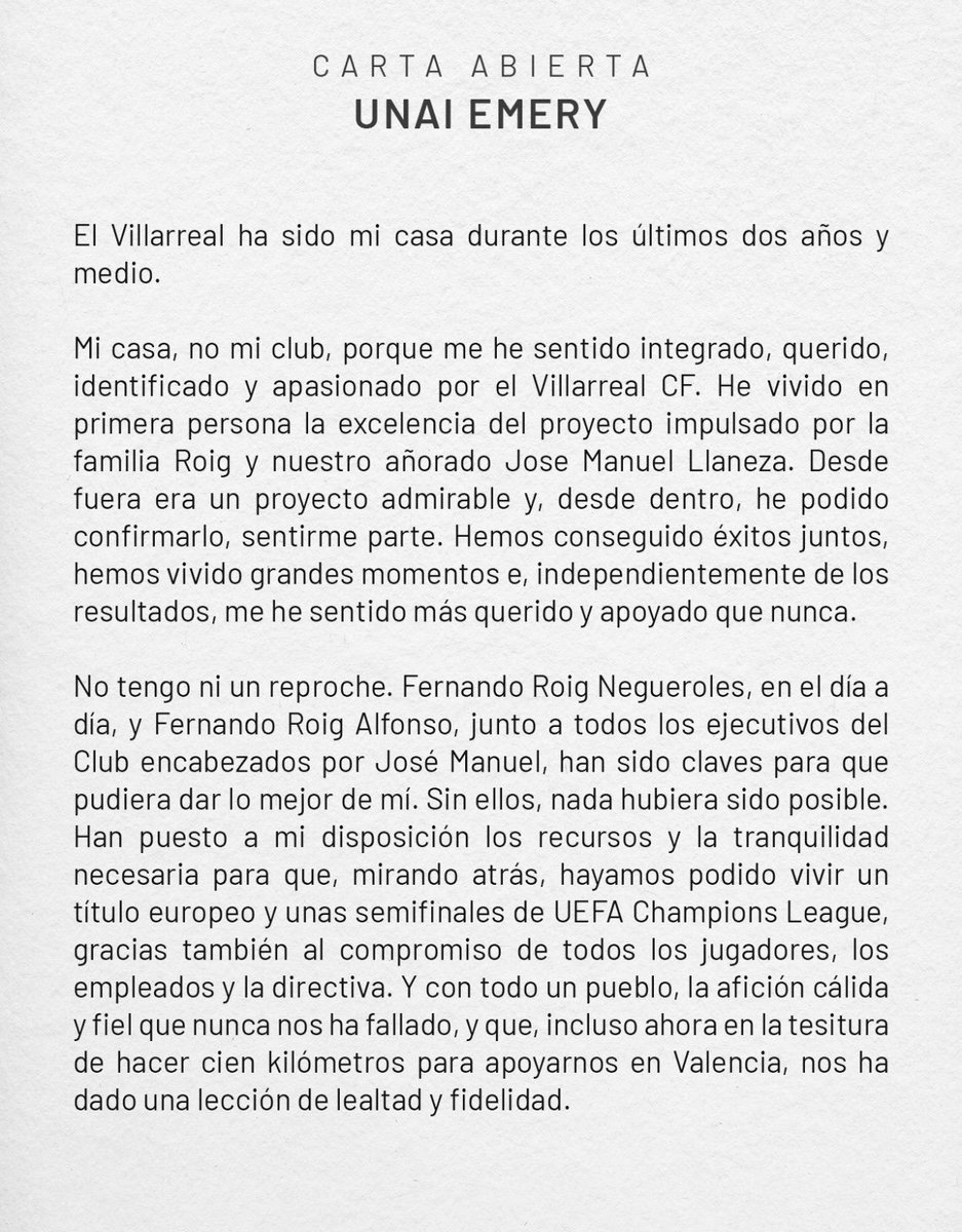 UnaiEmery_'s tweet photo. Carta abierta a la familia del @VillarrealCF 💛💛 #endavant https://t.co/C9RHo03TTP