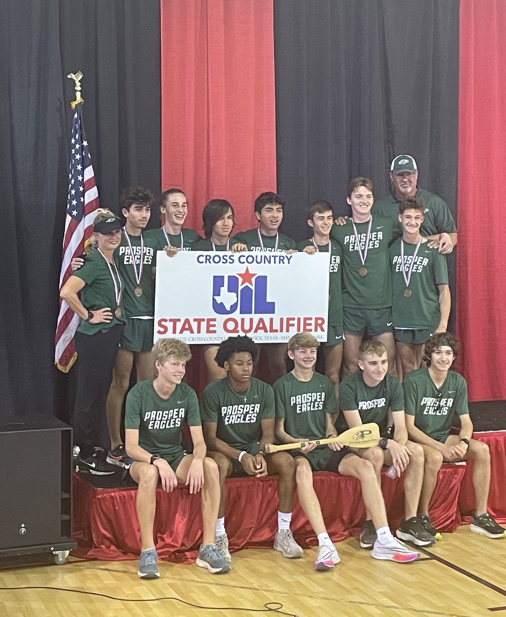 ProsperXCTrack's tweet photo. We are so proud of our PXC Teams! The Lady Eagles finished 6th and The Eagles finished 3rd out of 24 teams! Shewaye Johnson finished 7th and Jack Johnston 4th, both earning All Region Honors. The boys team and Shewaye Johnson are state bound! RTB #ProsperProud 💚🦅 https://t.co/Fx8bKLR12U