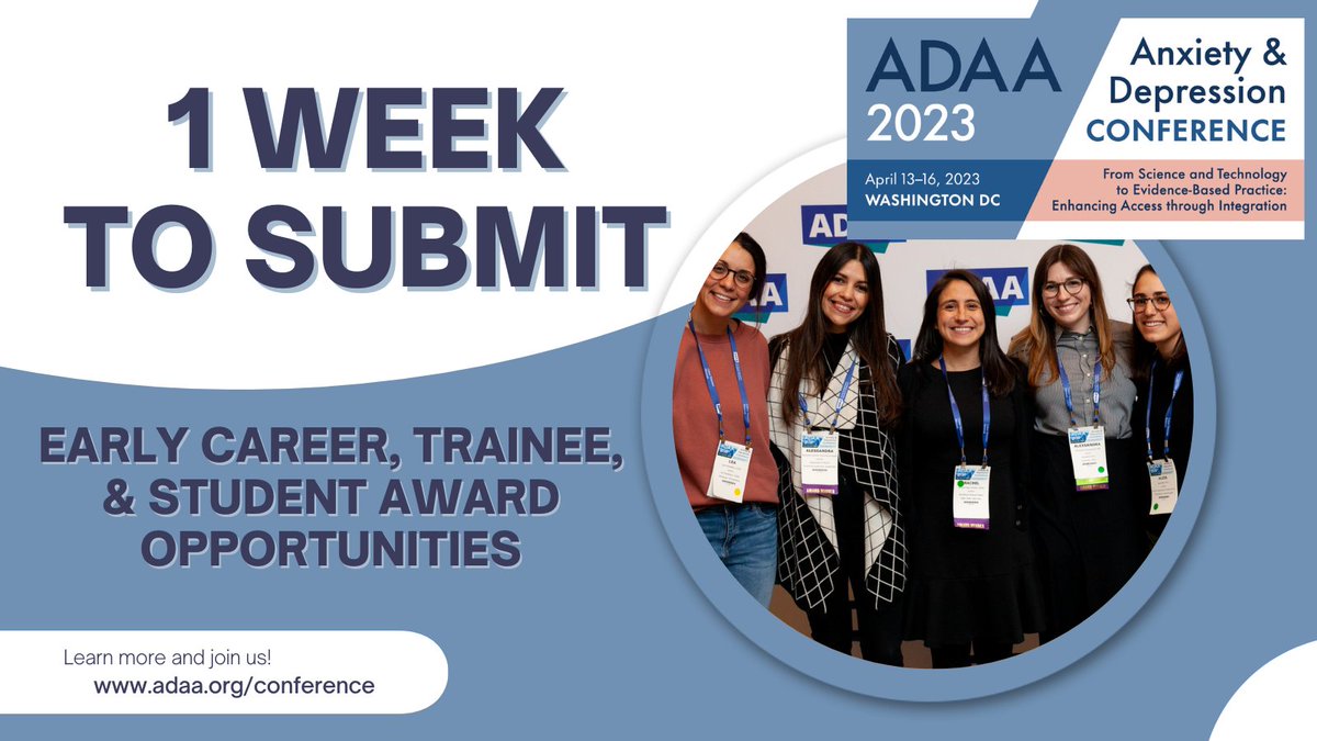 ADAA_Anxiety's tweet photo. Students, Trainees, and Early Career Professionals - the #ADAA2023 awards recognizes mental health clinicans and researchers. Apply for a full day of professional development &amp; mentorship, a $500 cash award, free membership, and more! https://t.co/qIh4QOAfGs #AcademicTwitter https://t.co/F5CpZvvbis