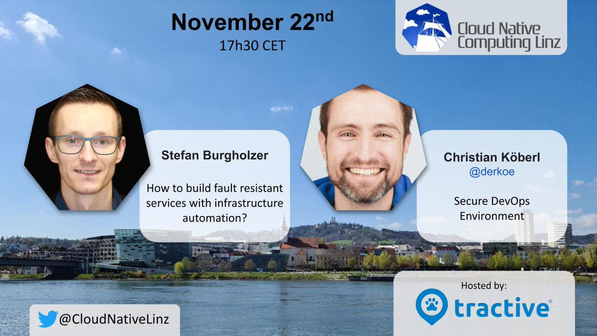 Cloud Native Linz (@cloudnativelinz) on Twitter photo Next meetup has just been announced!
Join us on the 22nd of November at <a href="/Tractive/">Tractive Smart Pet Tracker</a> to learn how to build fault resistant services with infrastructure automation with Stefan; and about Secure DevOps Environment with <a href="/derkoe/">Christian KΓΆberl</a>! Next meetup has just been announced!
Join us on the 22nd of November at <a href="/Tractive/">Tractive Smart Pet Tracker</a> to learn how to build fault resistant services with infrastructure automation with Stefan; and about Secure DevOps Environment with <a href="/derkoe/">Christian KΓΆberl</a>!