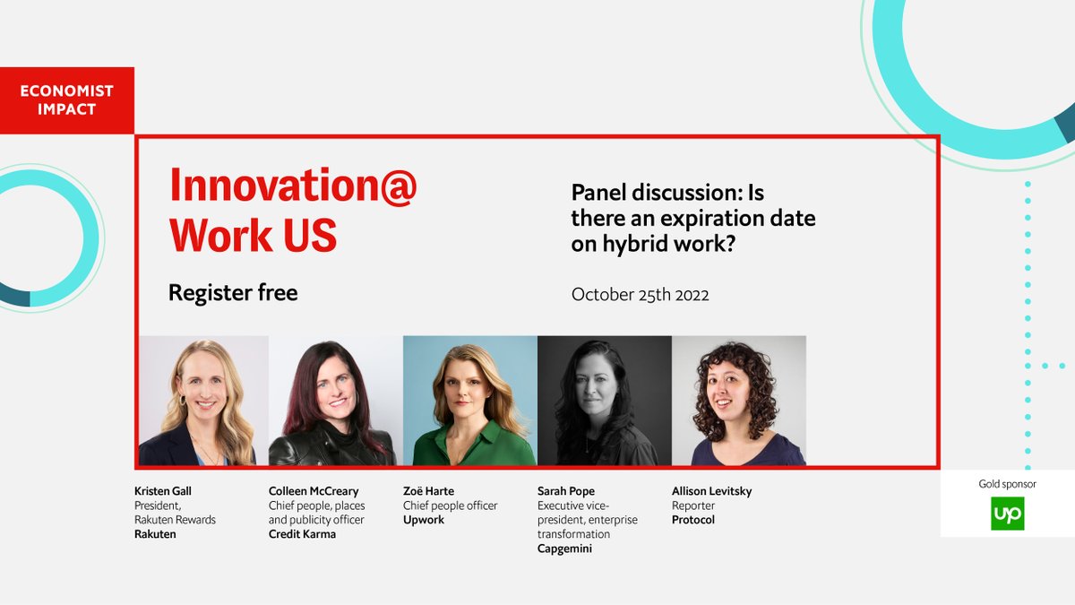 Excited to be attending @EconomistEvents' Innovation@Work US tomorrow to discuss the future of #HybridWork with @Rakuten's Kristen Gall, @creditkarma's @Chiefpplofficer, @Capgemini's Sarah Pope, and our moderator, @protocol’s @Levitskyyy! Learn more: bit.ly/3cgGkqg