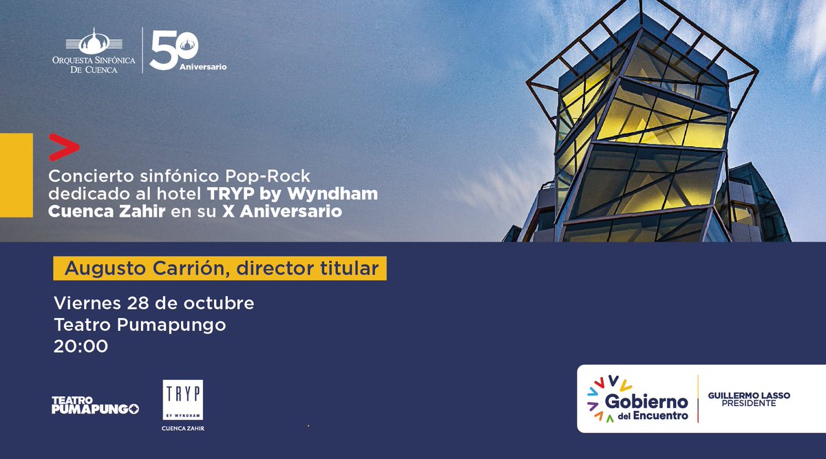 SinfonicaCuenca's tweet photo. La Orquesta Sinfónica de Cuenca dedica el concierto del viernes 28 de octubre al hotel TRYP by Wyndham Cuenca en su X Aniversario. Felicita a sus propietarios y a su equipo de trabajo por apostar en un significativo proyecto hotelero para la ciudad. 

#IITemporada2022 https://t.co/tvhZxlyooJ