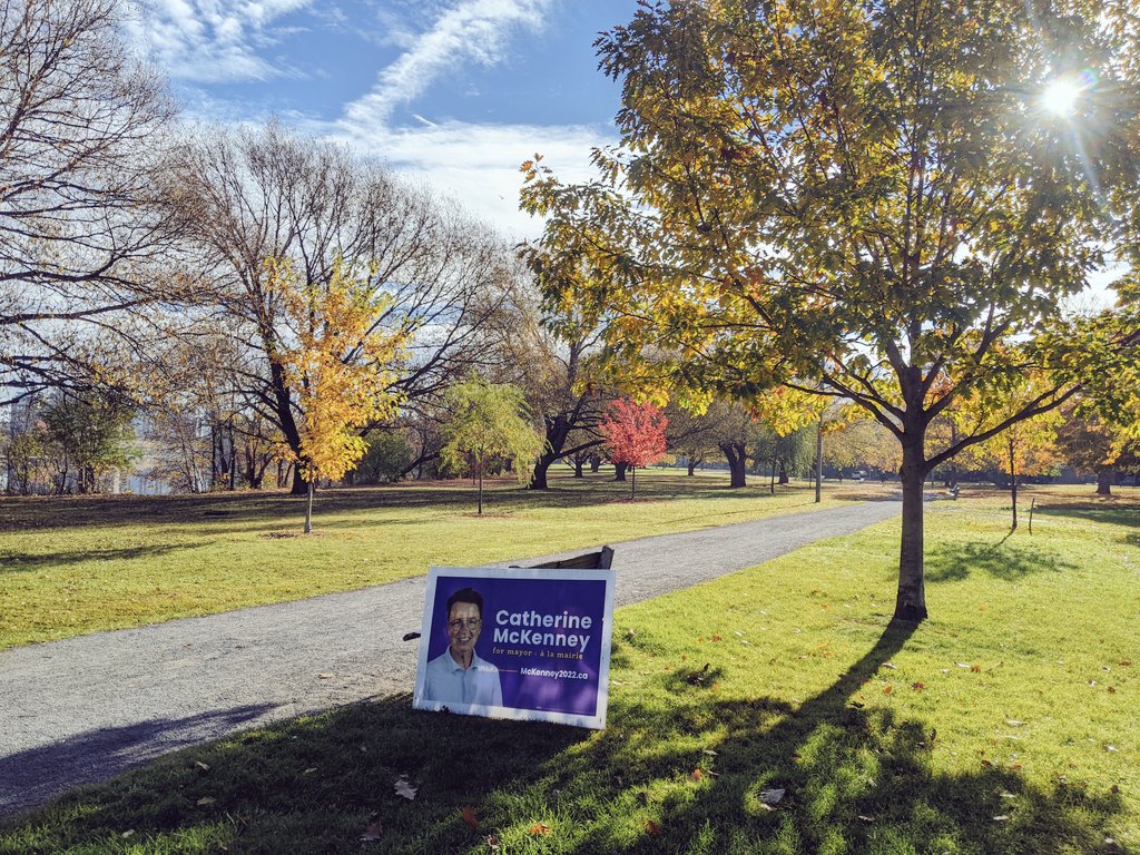Found this sign for @cmckenney stuffed under a bench during my morning run. Took a moment to give it new life and prop it up for passersby, because #imwiththem. It's a beautiful day to elect a progressive, climate-sincere new mayor! #OttawaVotes #McKenneyForMayor