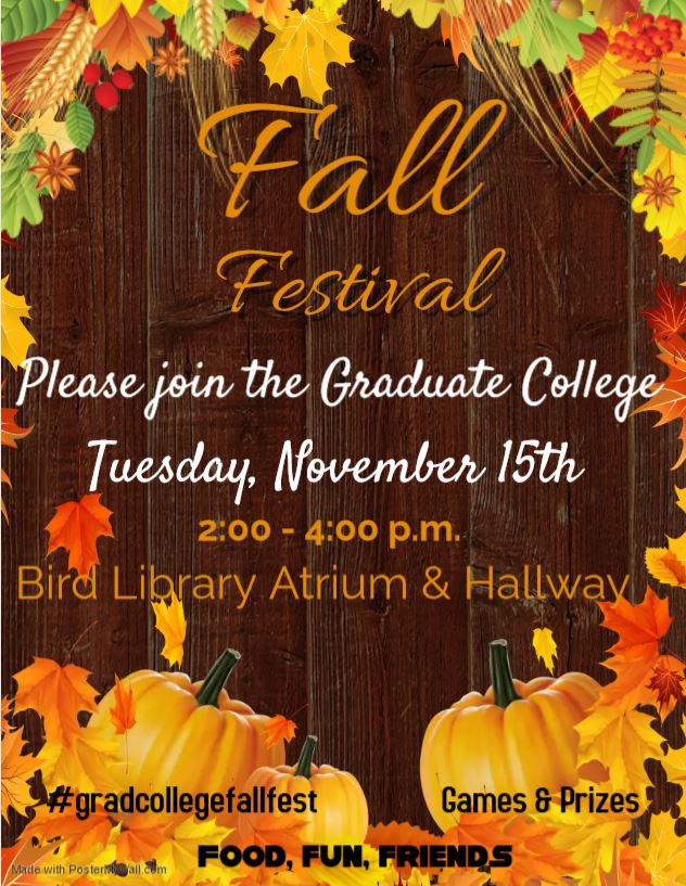 Please join us on Tuesday, Nov 17th at 2:00 PM for our annual Fall Festival. There will be food, games, and prizes. We can't wait to see you then!

#ouhsc_grad #gradcollegefallfest #ouhsc_gpibs