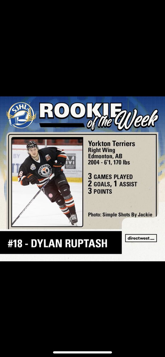 SJHLTerriers's tweet photo. Big congratulations to Dylan Ruptash who was named Rookie of the Week in the SJHL! Not only did he have three points in three games, but he also leads all rookies in goals scored with 6!
#Terriers4Life https://t.co/EPVHe7BAnW