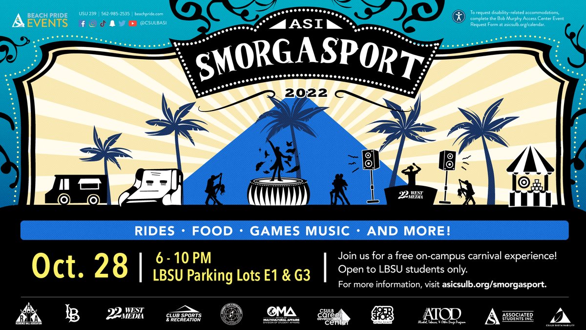 🎡 Smorgasport is BACK after a two-year break! Join us on Oct. 28 for a FREE on-campus carnival experience. ⚠️ This event is open to current LBSU students only. You must bring your LBSU student ID in order to enter. 🔗 Check out our FAQs here: bit.ly/3QQT4Dw