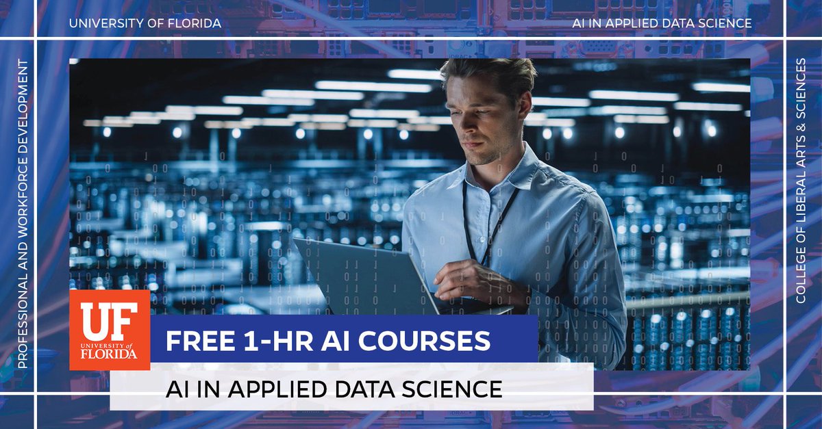 Have you signed up for the FREE 1-hr AI in Applied Data Science course? Try it today and join us November 1st for the 15-hour course that qualifies you for an AI Micro-Credential from the University of Florida! go.ufl.edu/jrbecj4 #AIatUF
