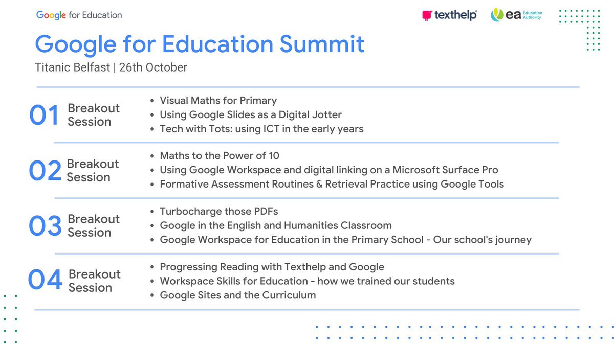 🗣 Only TWO more sleeps! The @GoogleForEdu Summit in partnership with @texthelp! @Titanic Sign up QUICK if you want to hear any of these amazing breakout sessions that explore the impact technology has on teaching & learning 👉 Register here bit.ly/GfEni