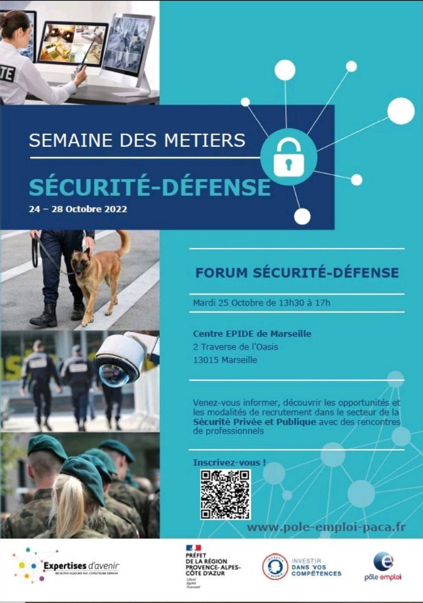 📢Dans le cadre de la semaine sécurité-défense <a href="/pe_marseille14/">diego bonnardel</a> organise à <a href="/EPIDE_Officiel/">EPIDE - Compte officiel</a> un FORUM MÉTIER 👨‍🚒👮‍♂️🚒🚓⚓️🚁🚢✈️🦺⛑️🚨#TousMobilisés #AvecPoleEmploi #ExpertisesAvenir @poleemploi_13 @poleemploi_paca
mesevenementsemploi.pole-emploi.fr/mes-evenements