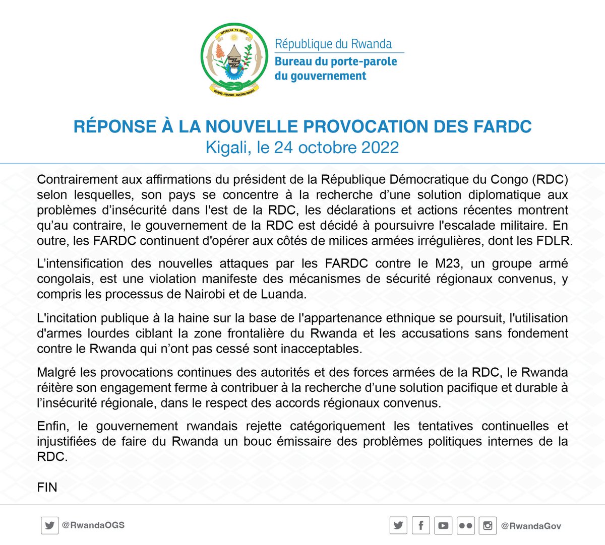 Réponse du Rwanda à la nouvelle provocation des Forces armées de la République Démocratique du Congo (FARDC) ⤵️