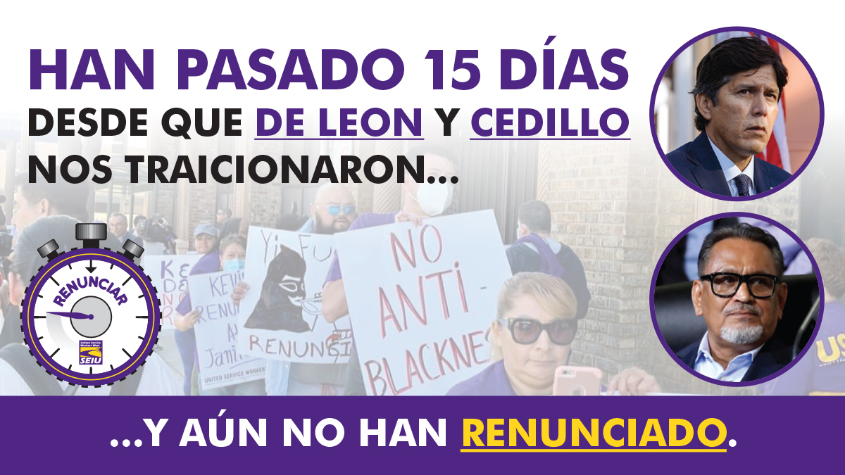 seiuusww's tweet photo. Han pasado 15 días desde que @kdeleon y @gilcedillo traicionaron la confianza del público. Que falta de liderazgo. No merecen servir más a sus constituyentes.
La ciudad necesita sanar y para lograrlo uds deben renunciar AHORA!
#KevinDeLeon #GilCedillo #ResignKDL #ResignCedillo https://t.co/HZhPmkl52W