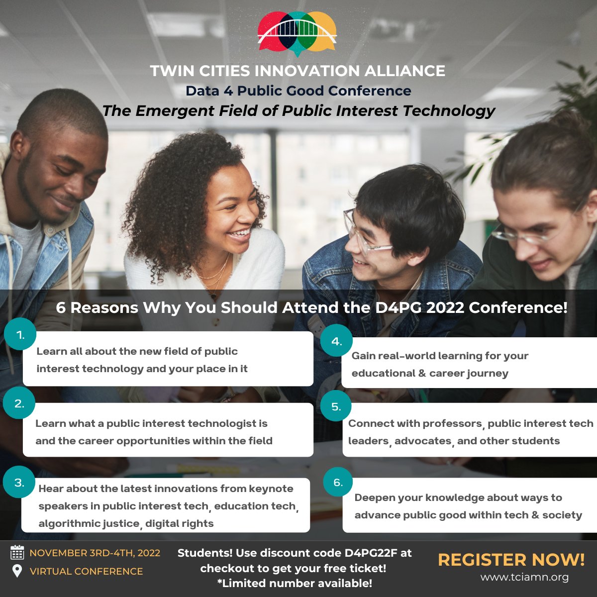 TCIAMN's tweet image. If you&apos;re in higher ed, share this with/tag your students! We&apos;re highlighting 6 reasons whey they should attend #D4PG 2022!
For more info and to register: tciamn.org/products/data-…
(***Current promo: use code D4PG22F to attend for free!)
#PublicInterestTech #PublicInterestTechTCIA