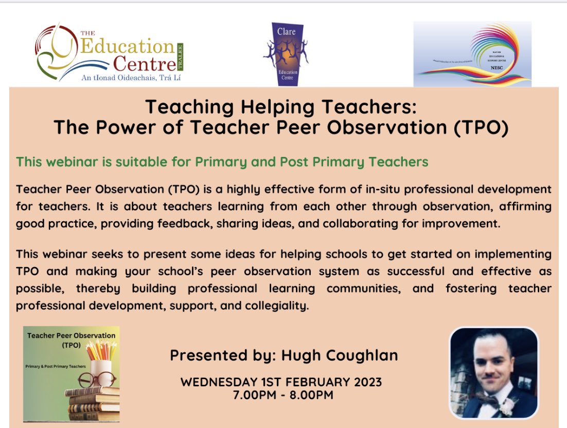 Looking forward to delivering a webinar on Teacher Peer Observation in @edcentretralee @CentreNavan and @ClareEdCentre after Christmas and continuing the conversation about teachers ‘deprivatising practice’ and nurturing professional learning in our schools. See link below ⬇️