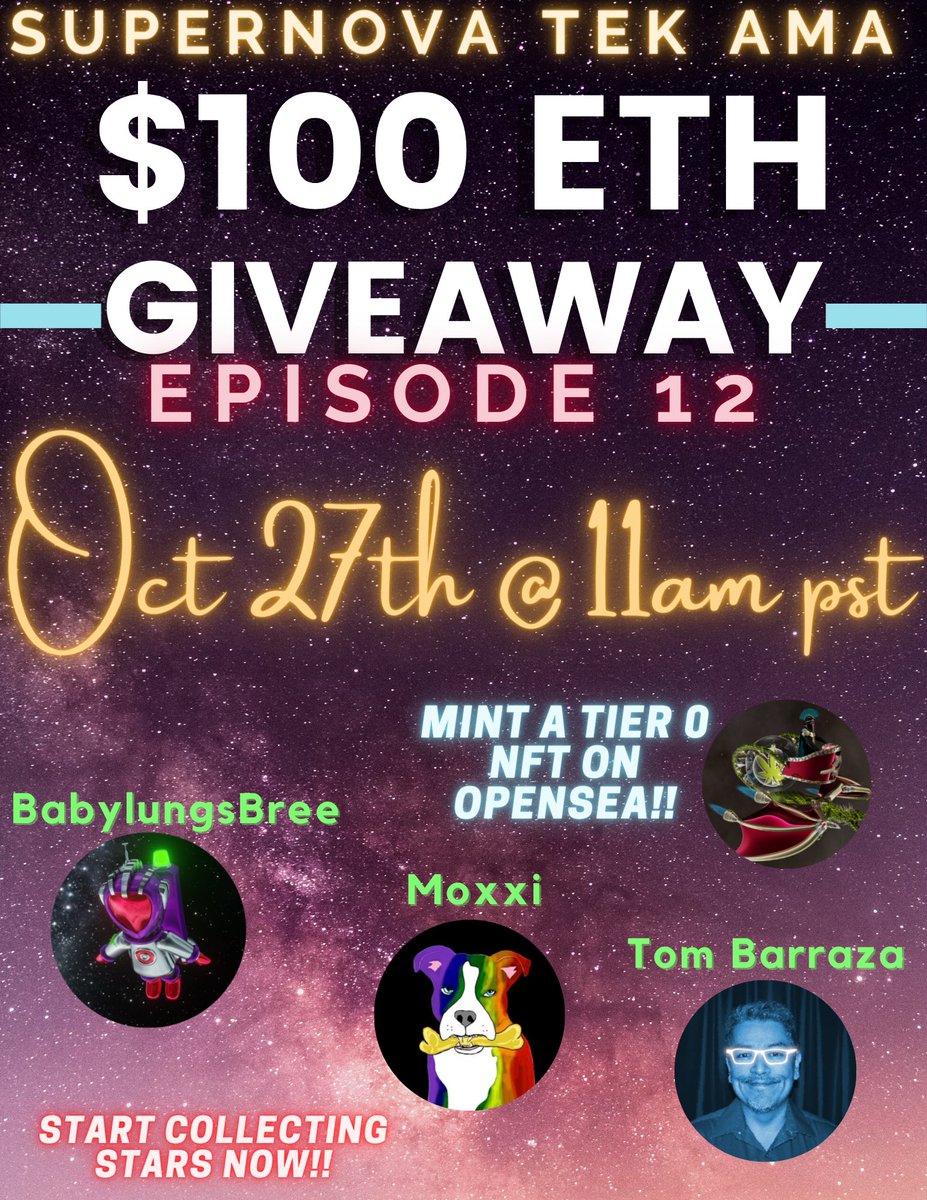 BabylungsBree's tweet image. 📣Come to our AMA/Cannabis talk Thurs 11am PST!

Find out what NFTs are in our 24hr BOGO &amp;amp; try to win $100💵in ETH!

Don't forget to mint Tier 0 NFT &amp;amp; start earning⭐️⭐️⭐️opensea.io/collection/tie…

Must be in space⬇️to win
…
#SupernovaTek #WaterHash #NFTs