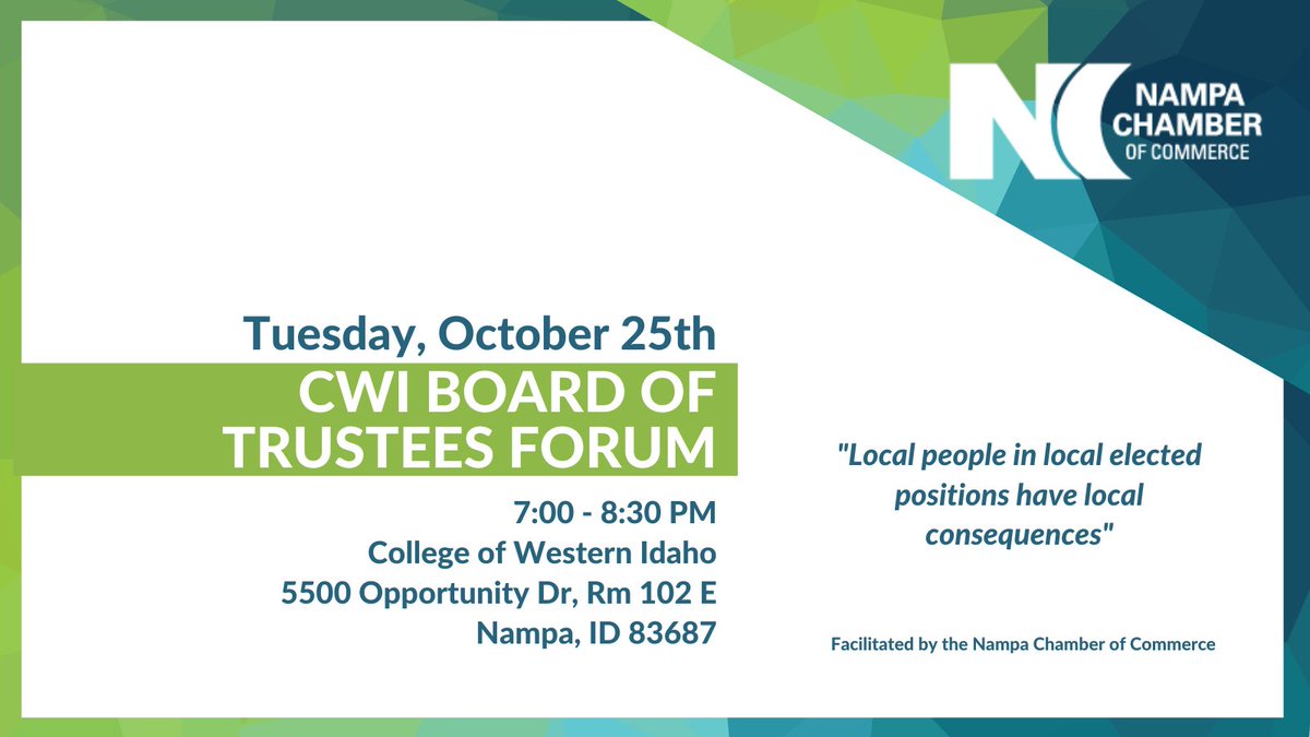 nampachamber's tweet photo. @cwidaho has FOUR open seats for trustees on your ballot. Get to know the candidates before you vote. Join us on October 25th at 7:00 PM. #idpol 

https://t.co/syhgG1pwSV https://t.co/qmUer2UdTv