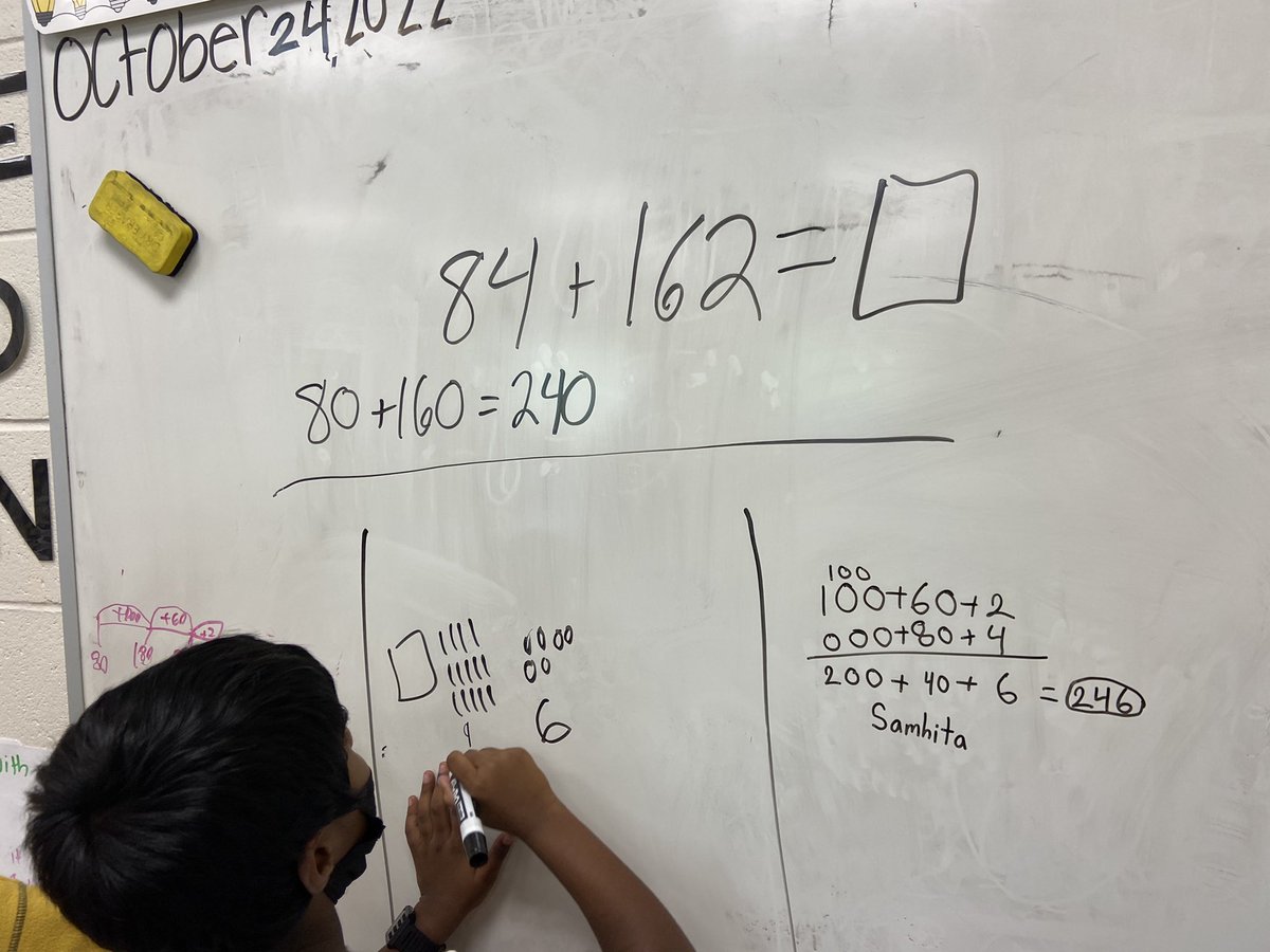 MissDelPrete's tweet photo. Todays math lesson was all about making connections between solving strategies, making estimates and checking our work through inverse operations! The #mathtalk that came from student conversations about their peer’s work was incredible @WhiteOakElem https://t.co/hVrSSwAT92
