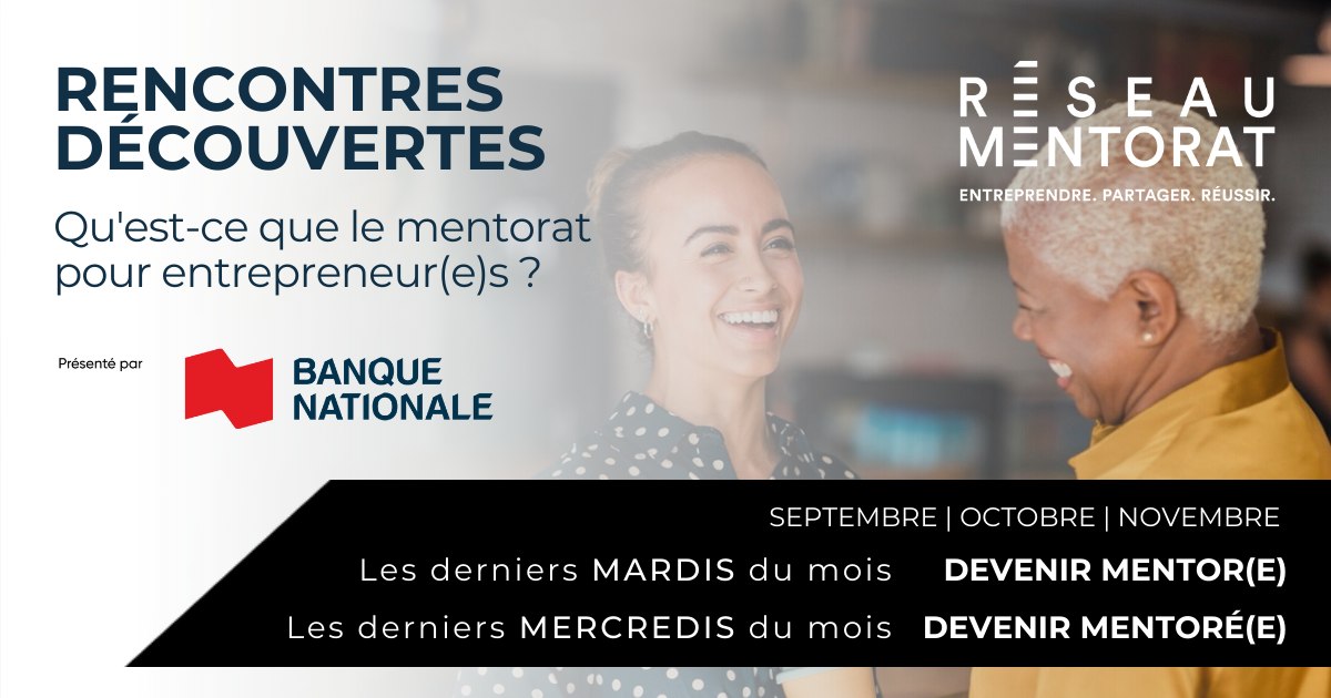 Réseau Mentorat (@reseaumentorat) on Twitter photo RENCONTRES DÉCOUVERTE présenté par la <a href="/banquenationale/">Banque Nationale</a>!
Vous êtes curieux d’en apprendre plus sur le mentorat pour entrepreneur(e)?
Prochaines séances :
👉 Devenir Mentor(e) : 25 octobre, reseaumentorat.zoom.us/meeting/regist…
👉 Devenir Mentoré(e) : 26 octobre, reseaumentorat.zoom.us/meeting/regist… RENCONTRES DÉCOUVERTE présenté par la <a href="/banquenationale/">Banque Nationale</a>!
Vous êtes curieux d’en apprendre plus sur le mentorat pour entrepreneur(e)?
Prochaines séances :
👉 Devenir Mentor(e) : 25 octobre, reseaumentorat.zoom.us/meeting/regist…
👉 Devenir Mentoré(e) : 26 octobre, reseaumentorat.zoom.us/meeting/regist…
