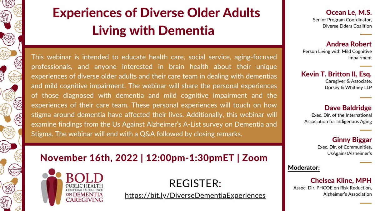 PHCOE_DC's tweet photo. Join the conversation on #stigma about #dementia and how it affects the lives of people living with the disease and #caregivers in culturally diverse communities. 
11/16 @ Noon ET🗓️
Register👉https://t.co/gI6AS4nQNl.
@QOL4olderadults @DiverseElders @UsAgainstAlz @IA2Association https://t.co/wl14BC4wU6