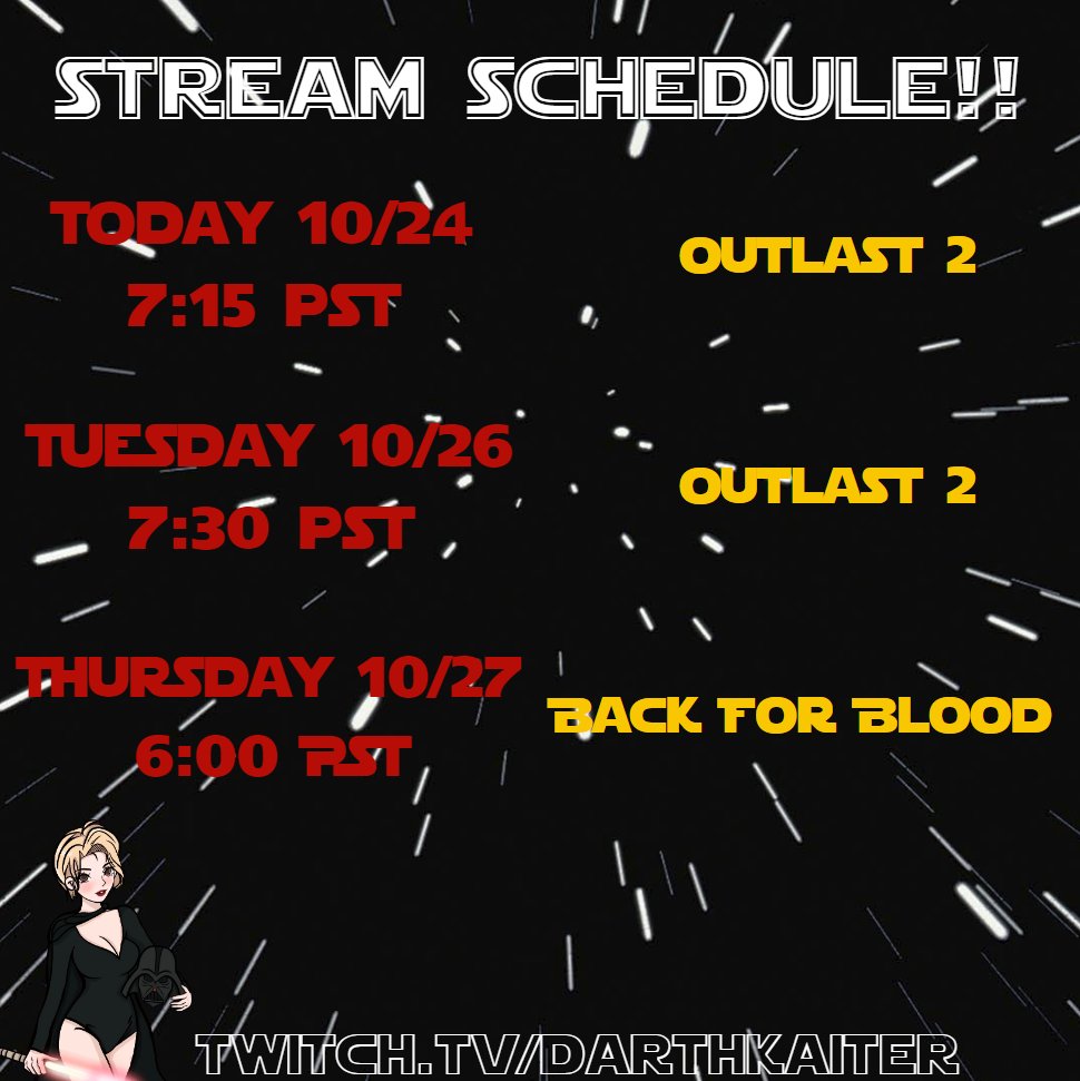 This weeks stream schedule! So excited to be back! See you all tonight at 7:15pm PST!