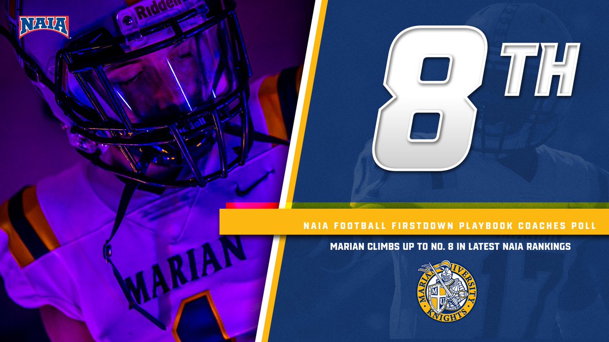 🚨MOVIN' ON UP🚨 @MarianUFootball's win on Saturday and a loss in the top-10 has the Knights gaining a spot in the national rankings! The Knights are the No. 8 team, and will have a chance to move up again with help after the bye week! 📈: naia.org/sports/fball/2…