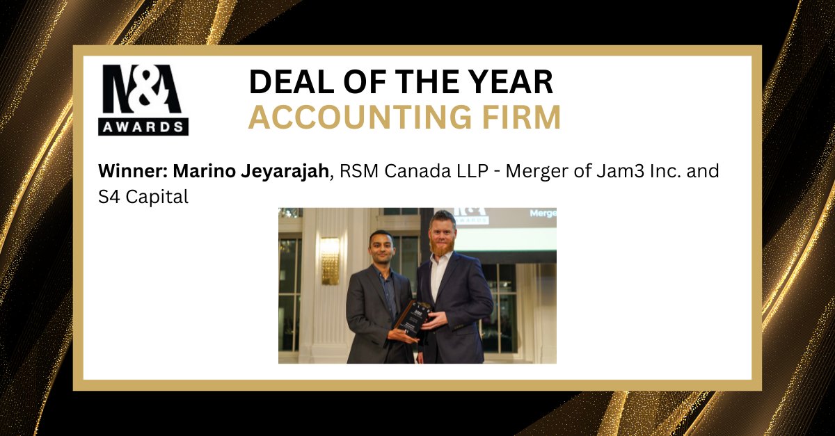 Congratulations to the #Ontario M&amp;A Awards #Gala Winners! 
DEAL OF THE YEAR - ACCOUNTING FIRM
Marino Jeyarajah, CPA, CA, <a href="/RSM_Canada/">RSM Canada</a> - Merger of Jam3 Inc. and S4 Capital