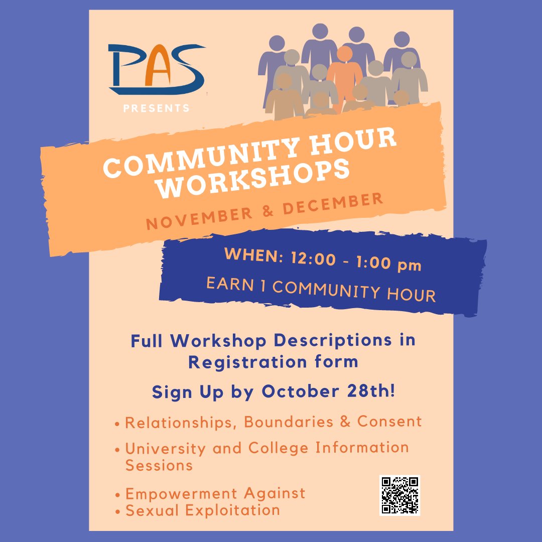 PAS, Sign up NOW! Attend Community Hr. Workshops in Nov &amp; Dec! We've got Post-Secondary Pathways Info Sessions + workshops for Healthy Relationships &amp; Empowerment. See form 4 details + to register! bit.ly/PASWorkshopsFa… 
#engagement #postsecondary #consent #healthyrelationships