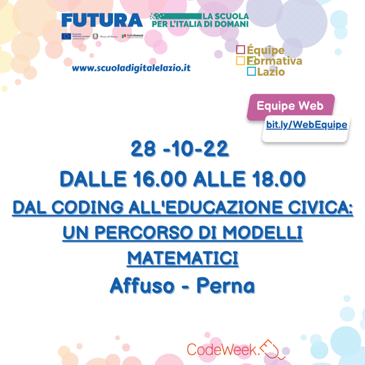 eft_lazio's tweet image. 💥 Pronti per l'ultimo webinar di ottobre targato EFT Lazio?
📆 Vi aspettiamo venerdì alle 16:00 con l'incontro "Dal coding all'educazione civica. Un percorso di modelli matematici" #codeweek2022 #EFTLAZIO #PNRR #PNSD
👉 Per iscrivervi: bit.ly/WebEquipe