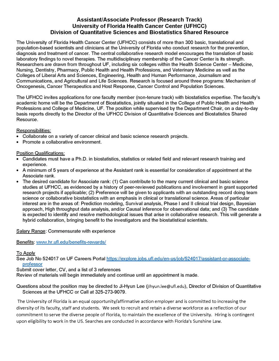 We are looking for a biostatistical faculty (Assitant/Associate) in the Division of Quantitative Sciences at the UF Health Cancer Center.explore.jobs.ufl.edu/en-us/job/5240…