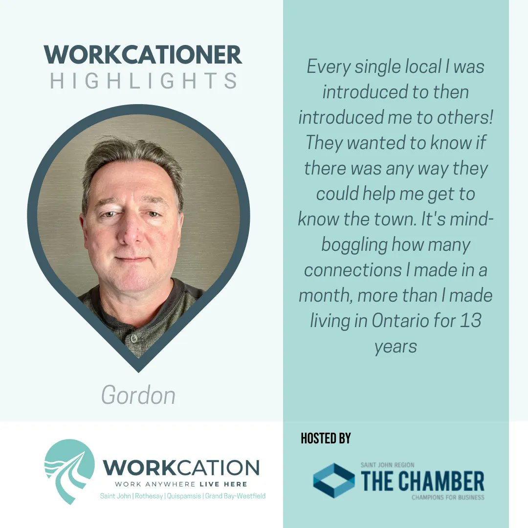 WorkcationSJNB's tweet photo. People in the Saint John Region were eager to ensure that workcationer Gordon was well connected and supported during his stay.  

Hosted by @TheChamberSJ. Partners @Gov_NB (WorkingNB and PETL), @EnvisionGSJ, @USTATIONwork, Uptown Saint John, @FusionSaintJohn and @YourSJAirport https://t.co/uQPUEb4lwX
