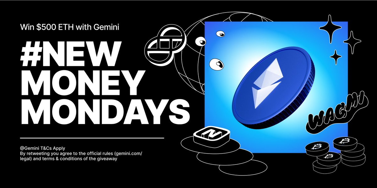 Gemini's tweet image. 1/3 Happy #NewMoneyMonday! 🎊Today, we’re giving away $500 in $ETH to 3 new or existing Gemini users!

MUST follow the rules to enter: bit.ly/3eB9Jx4